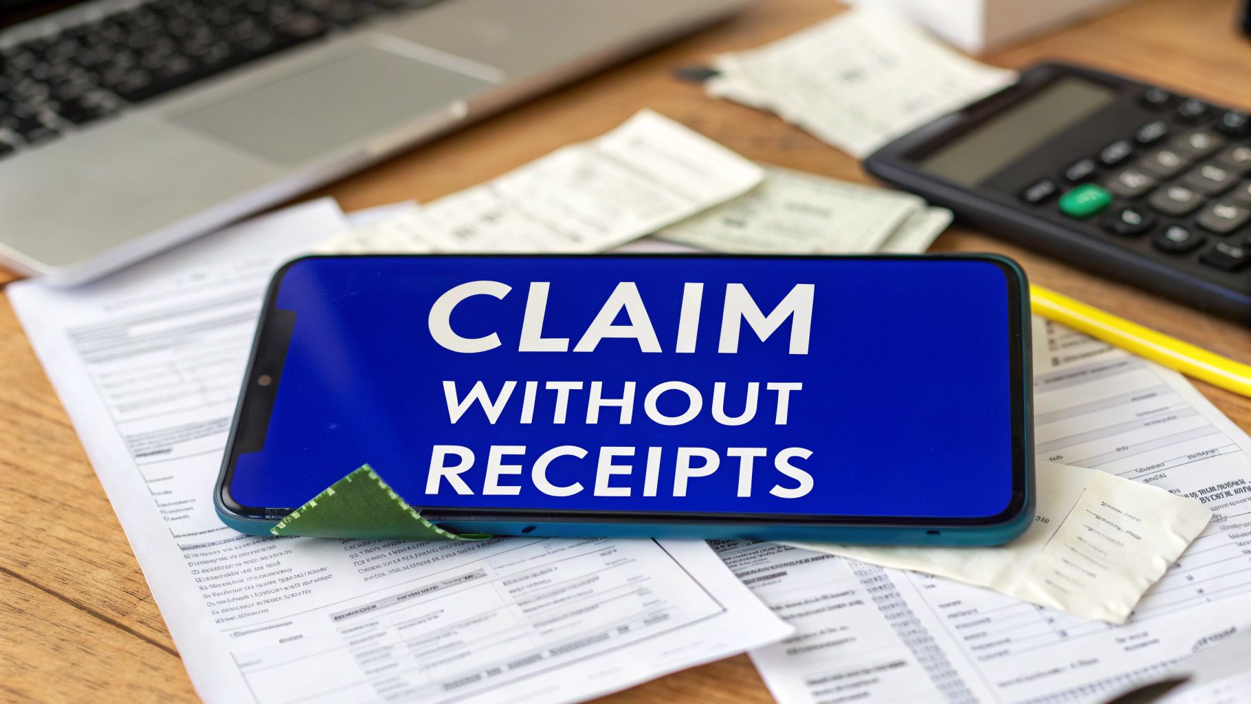 Smartphone displaying the words “Claim Without Receipts” on top of tax documents, receipts, a laptop and calculator.