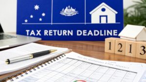 Tax return deadline concept with calendar, documents, and pen on a desk representing Australian tax lodgement dates.