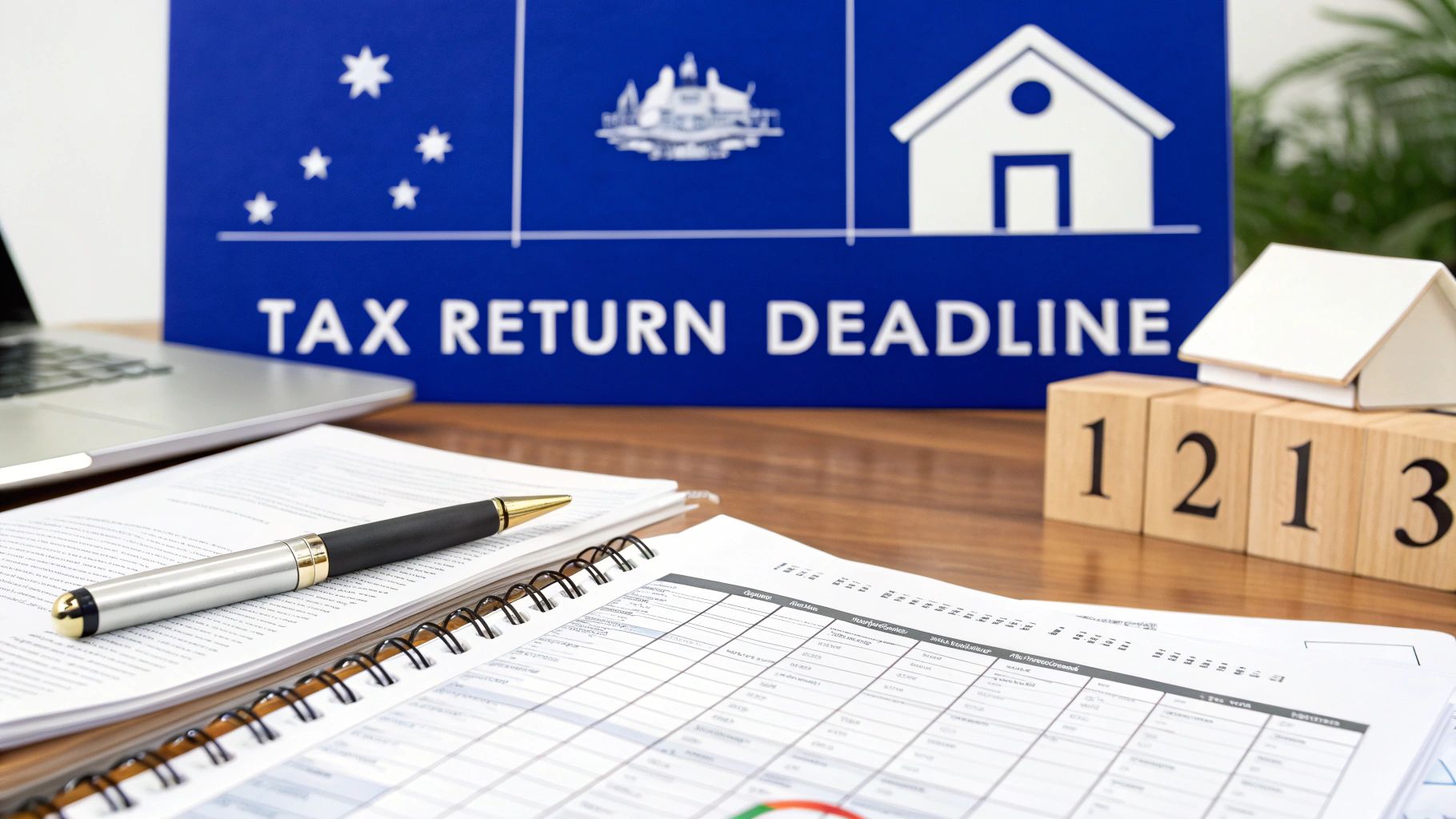 Tax return deadline concept with calendar, documents, and pen on a desk representing Australian tax lodgement dates.