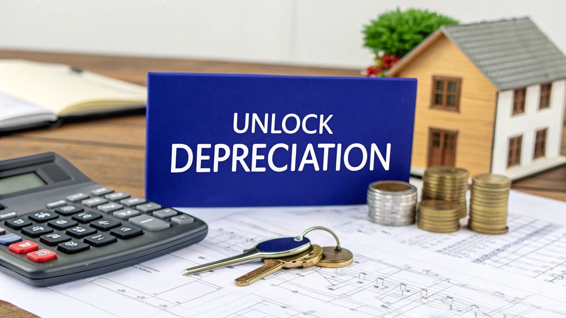 Calculator, house model, coins, and keys on blueprints with sign reading "Unlock Depreciation" representing property depreciation and tax savings.