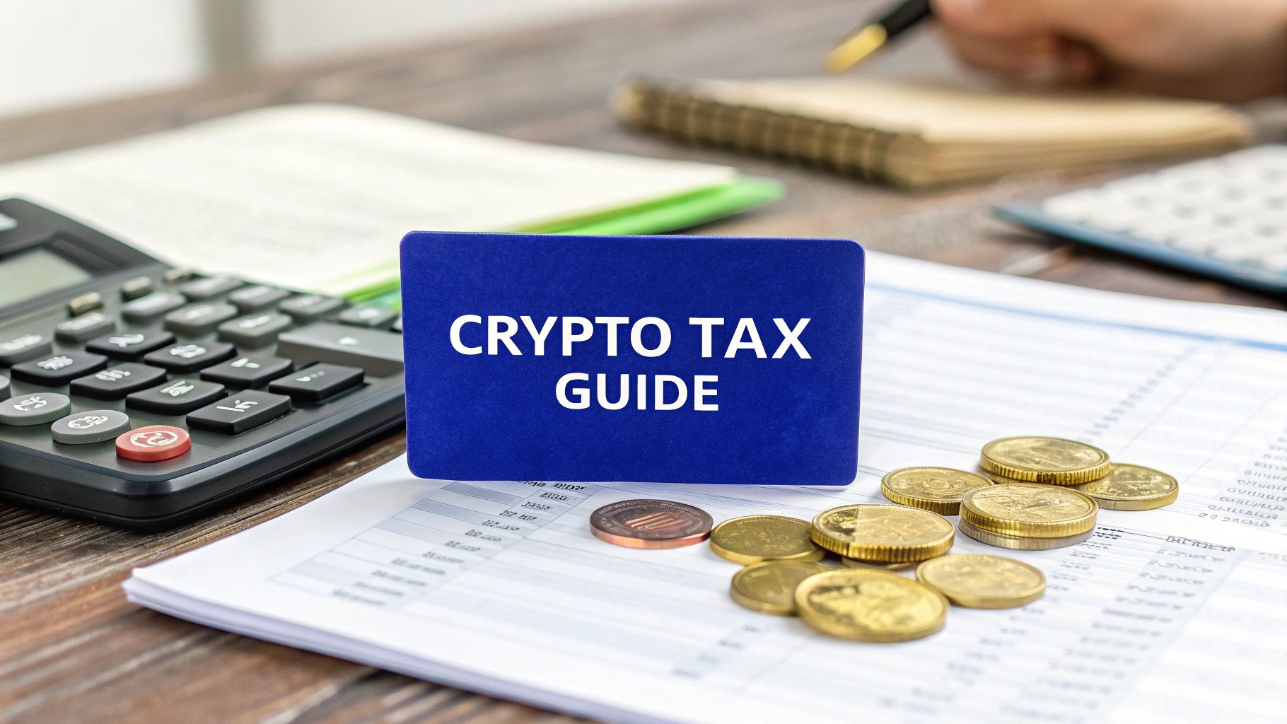 Crypto tax guide with coins, calculator, and financial documents on a desk