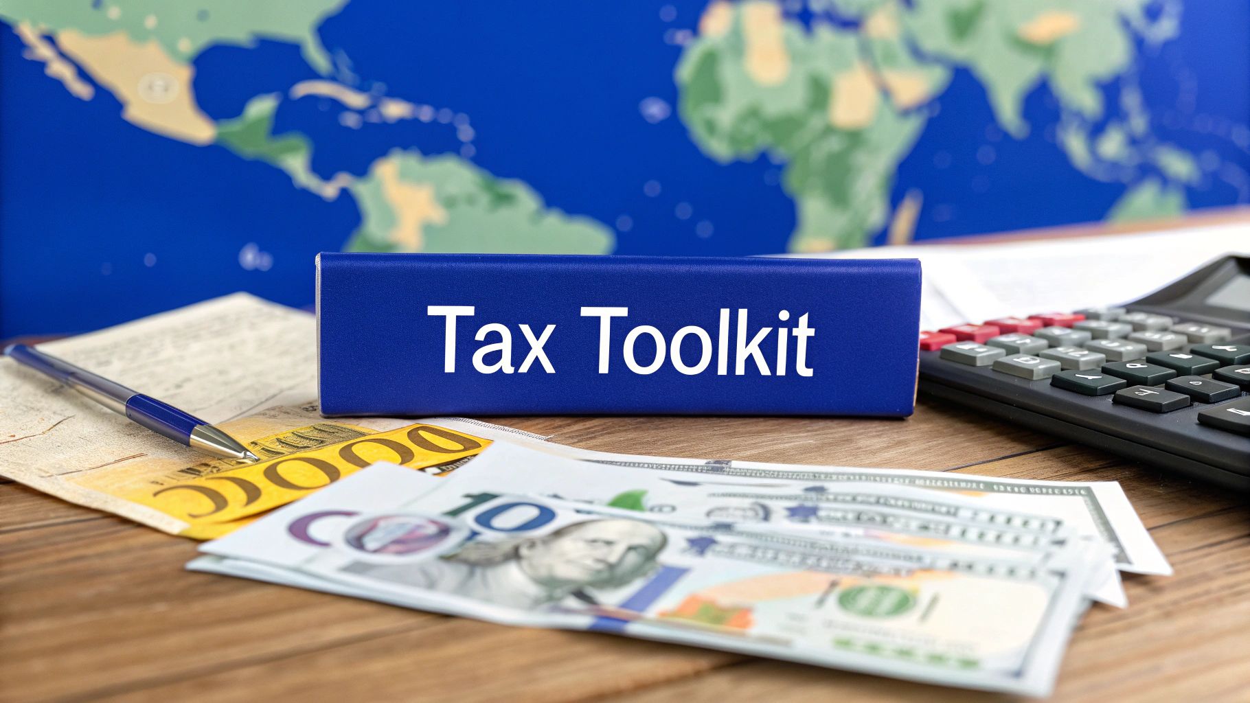 Foreign tax documents, international currency, and a “Tax Toolkit” binder on a desk representing global income and ATO foreign income reporting.