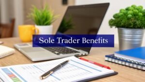 A laptop on a desk surrounded by notebooks, documents, and a pen, with the text “Sole Trader Benefits” displayed in the centre.