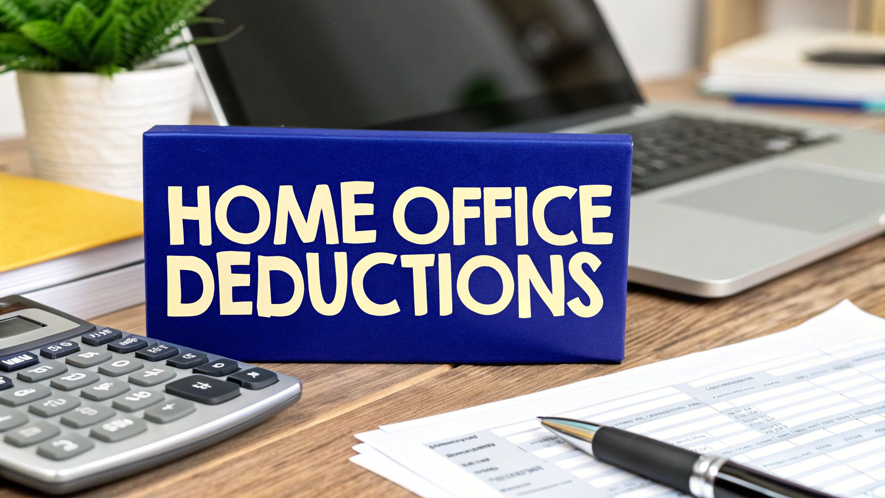 Home office workspace with a blue sign that says “Home Office Deductions,” next to a calculator, laptop, documents, and a pen.