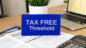 Blue sign displaying 'Tax Free Threshold' on a desk with tax forms, calculator, pen, and laptop.