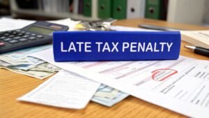 Late tax penalty notice on desk with tax documents, calculator and cash