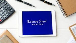 Tablet screen displaying the words “Balance Sheet Mastery” surrounded by a calculator, pens, notebook, and financial documents on a white desk.
