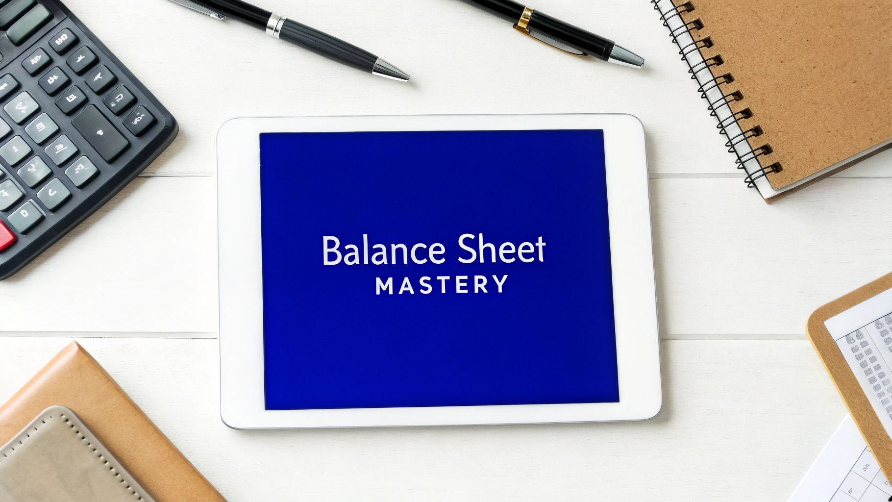 Tablet screen displaying the words “Balance Sheet Mastery” surrounded by a calculator, pens, notebook, and financial documents on a white desk.