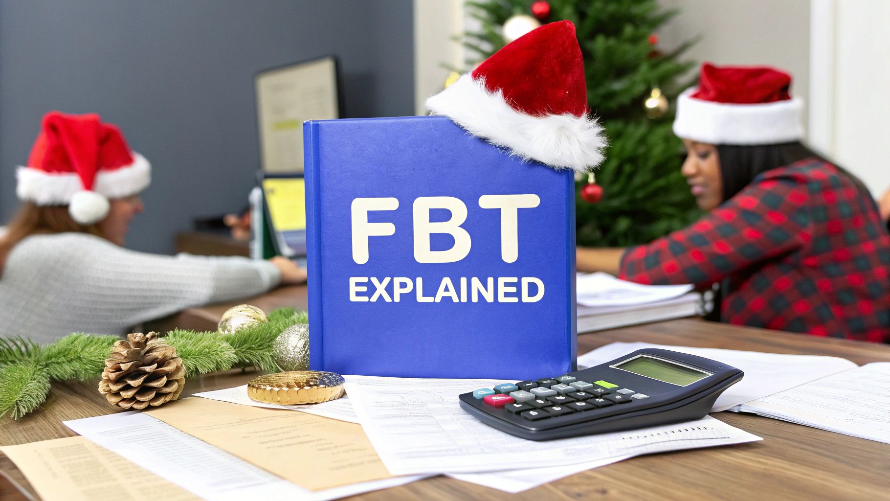 Fringe Benefits Tax explained for staff Christmas parties, with festive office setting and tax documents.