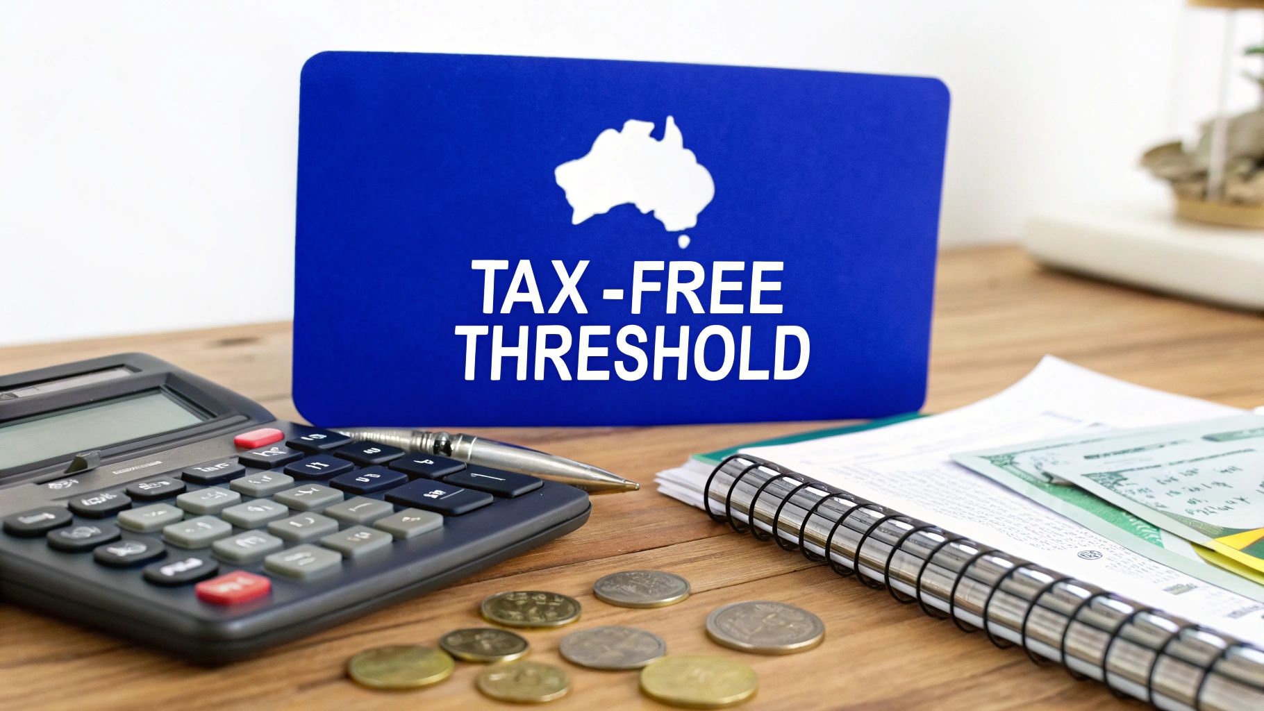Calculator, Australian coins and paperwork beside a blue sign reading “Tax-Free Threshold” with an outline of Australia.