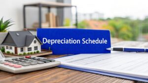 Investment property depreciation schedule documents with model house, calculator and pen