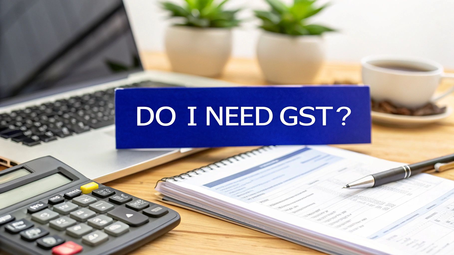 Desk with calculator, laptop, tax documents and a sign reading 'Do I need GST?' representing GST registration requirements for Australian businesses.