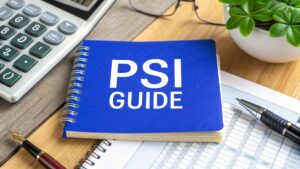 Notebook labelled “PSI Guide” on a desk with a calculator, pen, and financial documents, representing personal services income tax guidance in Australia.