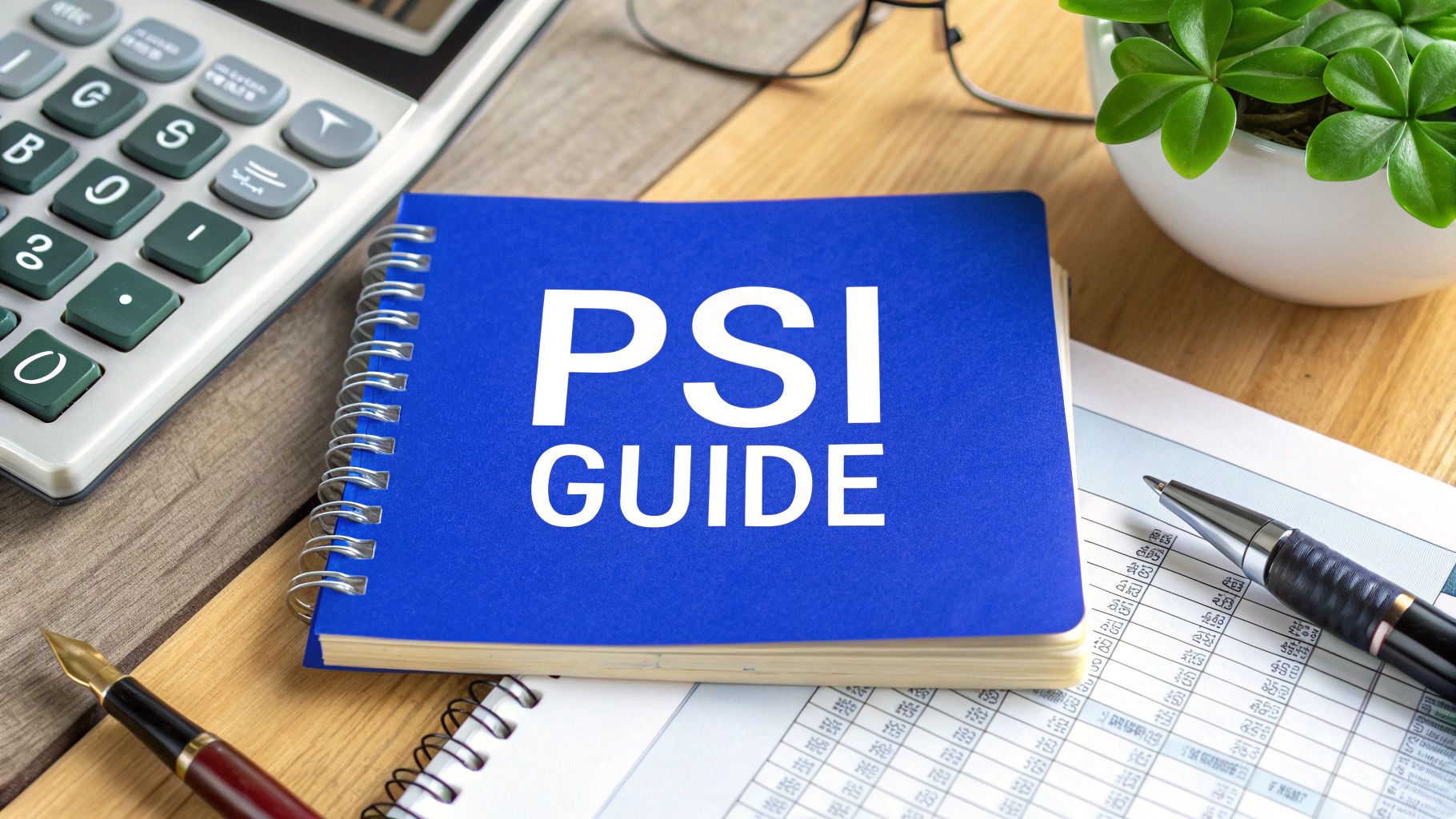 Notebook labelled “PSI Guide” on a desk with a calculator, pen, and financial documents, representing personal services income tax guidance in Australia.