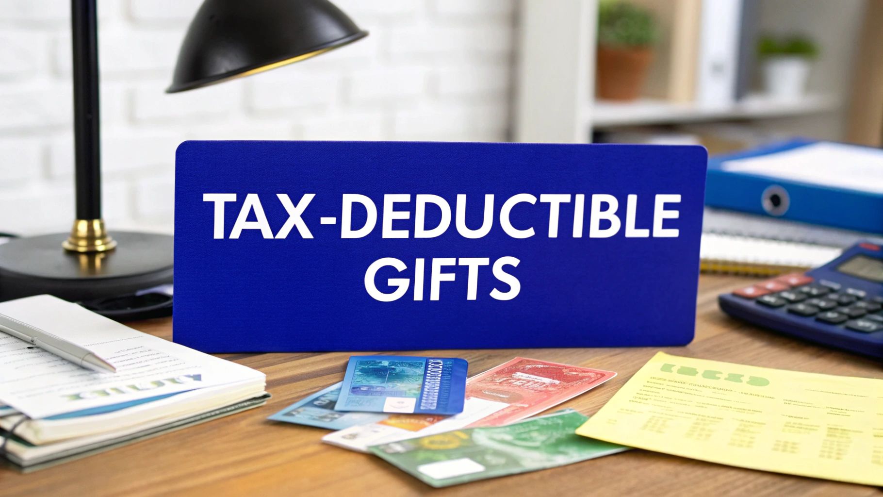 A blue sign reading “Tax-Deductible Gifts” on an office desk with gift cards, documents, a calculator, and a lamp, representing business tax deductions for staff gifts.