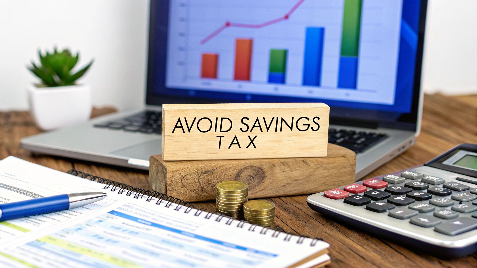 Financial workspace with laptop showing savings growth chart, calculator, documents and a wooden block labelled ‘Avoid Savings Tax’, representing strategies to reduce tax on savings in Australia.