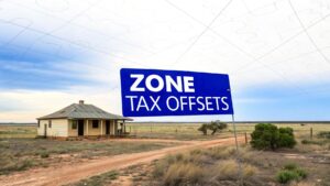 Sign reading “Zone Tax Offsets” in a remote Australian outback setting, illustrating the concept of tax offsets for residents in isolated areas.
