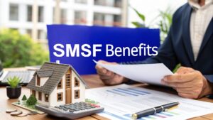 A person reviewing financial documents at a desk with a miniature house model and calculator in the foreground, with a sign reading “SMSF Benefits.”