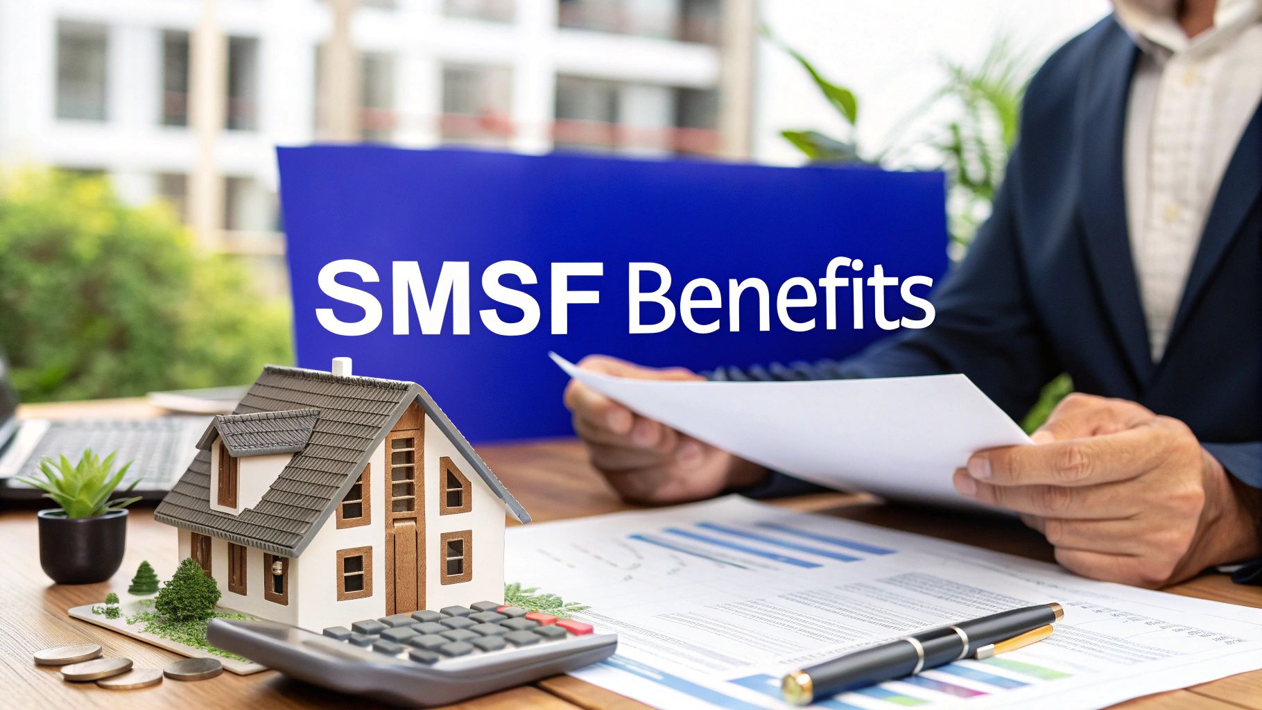 A person reviewing financial documents at a desk with a miniature house model and calculator in the foreground, with a sign reading “SMSF Benefits.”