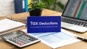 Desk with calculator, tax documents, a laptop and a blue sign that says “Tax Deductions.”
