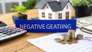 Negative gearing property investment concept showing a model house, calculator, coins and financial documents.
