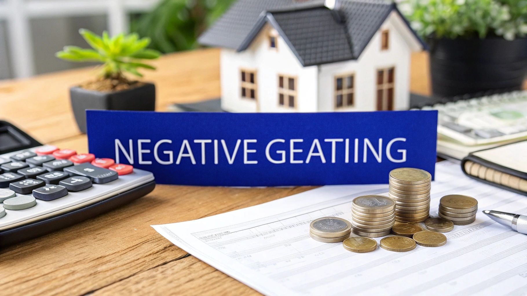 Negative gearing property investment concept showing a model house, calculator, coins and financial documents.