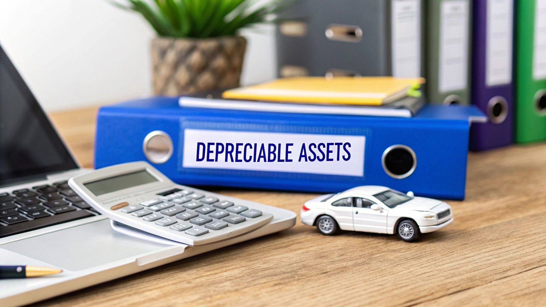 Calculator, laptop, and model car beside a folder labelled ‘Depreciable Assets’, representing business asset depreciation.