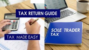 Sole trader completing a tax return with calculator, laptop and notebook labelled “Sole Trader Tax”