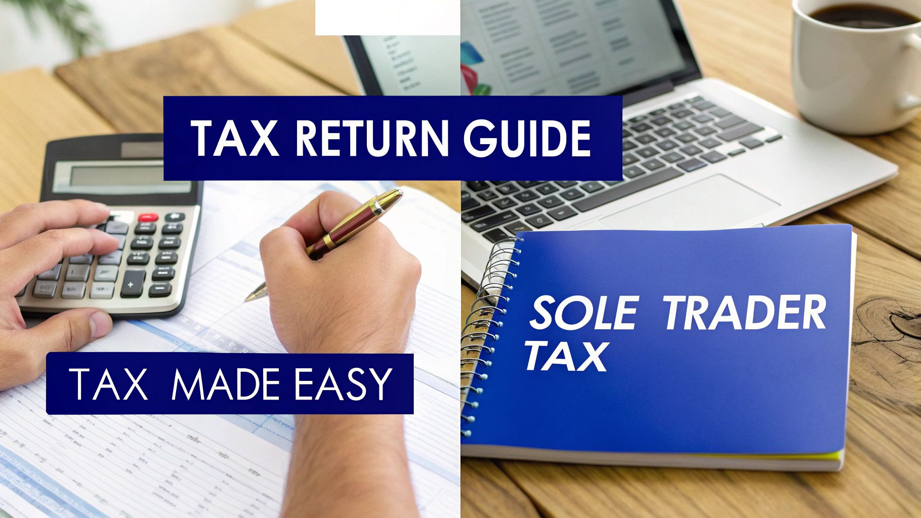 Sole trader completing a tax return with calculator, laptop and notebook labelled “Sole Trader Tax”