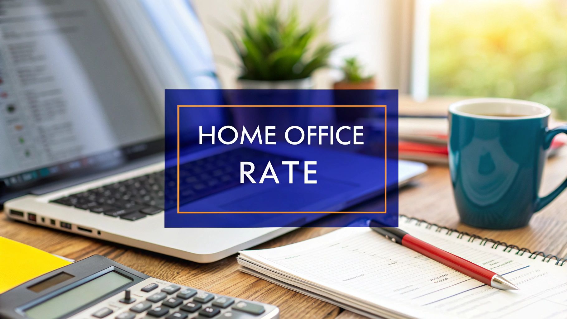 A home office setup with a laptop, calculator, notebook and coffee mug on a desk, with a blue banner displaying the text “Home Office Rate”.