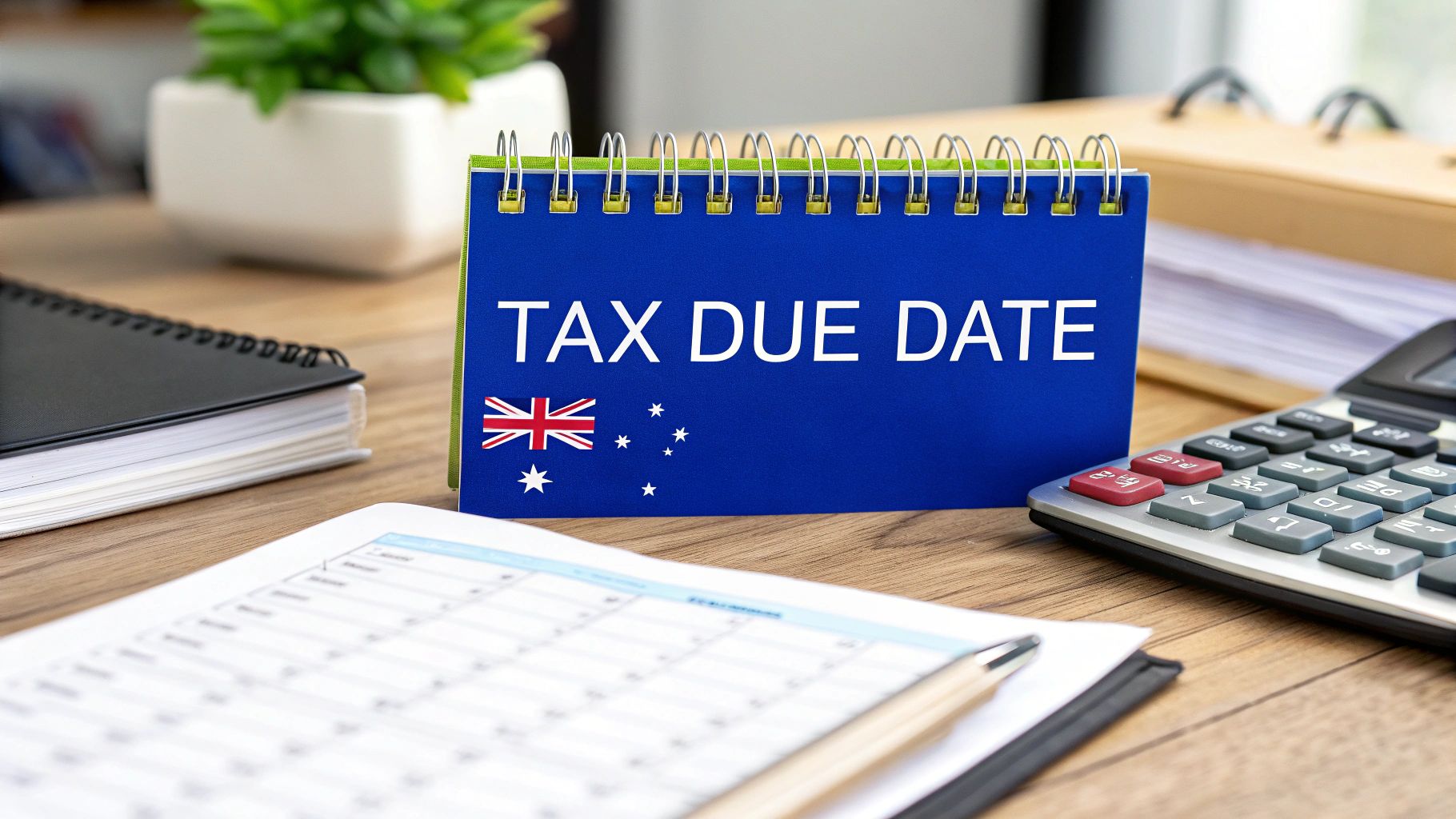 Desk calendar displaying 'Tax Due Date' with Australian flag, surrounded by calculator, documents and office supplies.