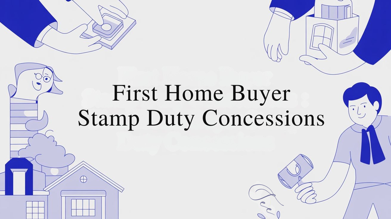 Illustration showing people, a house, and money to represent first home buyer stamp duty concessions.
