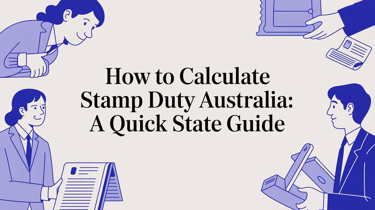 Illustration showing professionals reviewing documents around the text “How to Calculate Stamp Duty Australia: A Quick State Guide”.