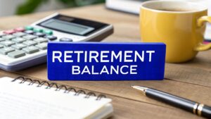 Retirement balance sign on a desk with a calculator, notebook and coffee, representing superannuation and retirement planning in Australia