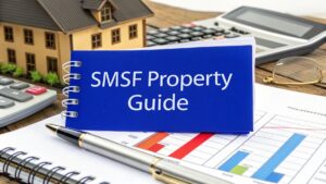 SMSF property investment guide with house model, financial documents and calculator