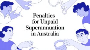 Illustration showing employers and employees with paperwork and money, representing penalties for unpaid superannuation in Australia.