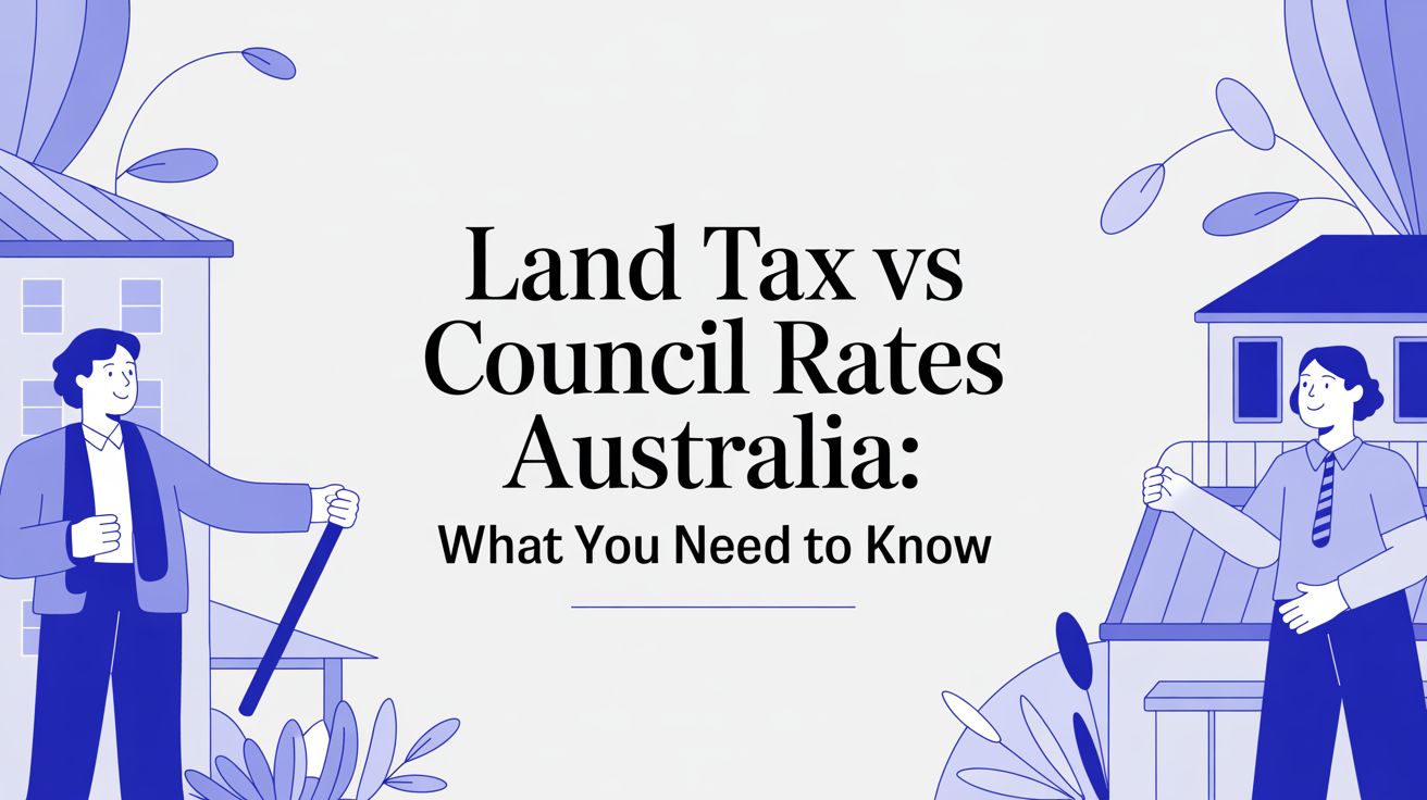 Illustration showing two homeowners comparing land tax and council rates in Australia.