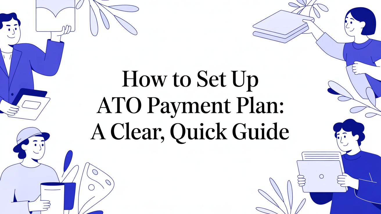 Illustration of people holding documents and tablets around the text “How to Set Up ATO Payment Plan: A Clear, Quick Guide”.