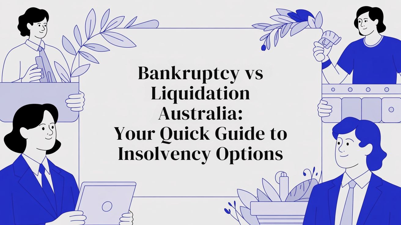 Illustration of professionals around a title reading ‘Bankruptcy vs Liquidation Australia: Your Quick Guide to Insolvency Options