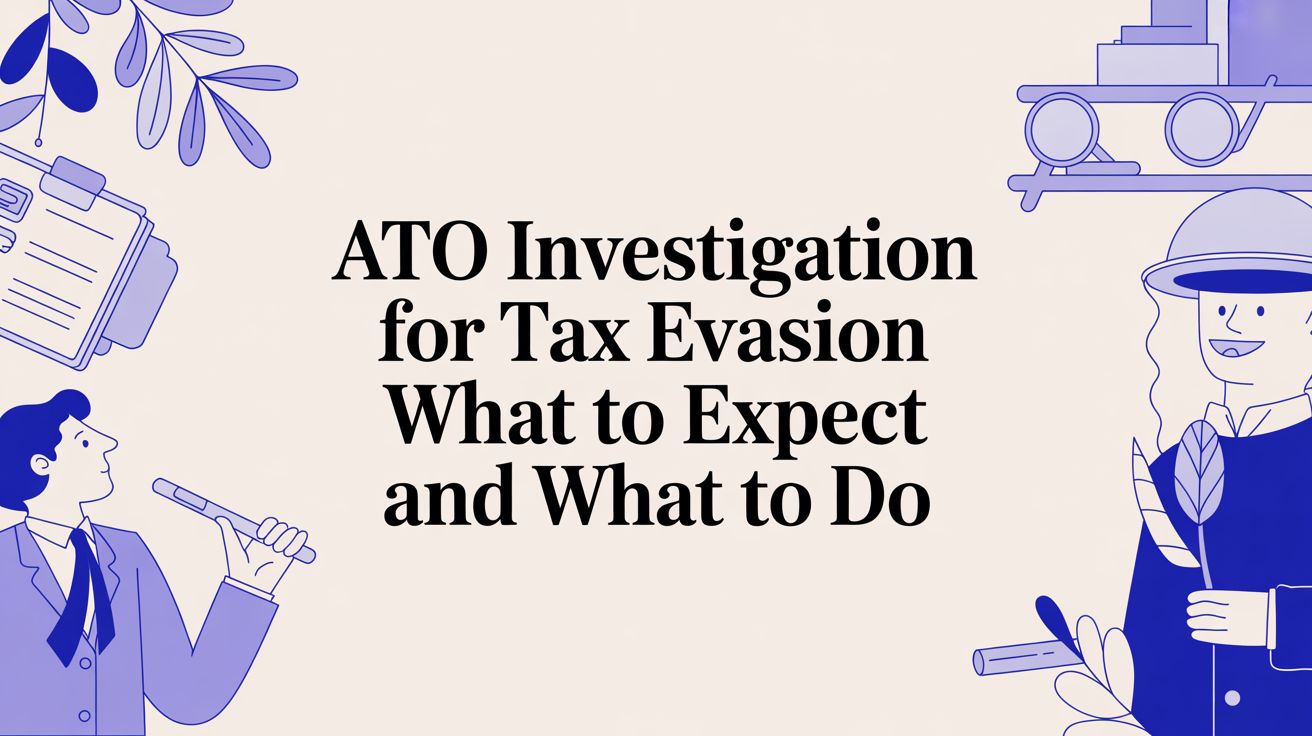 Illustration of an ATO tax investigation guide with the title “ATO Investigation for Tax Evasion: What to Expect and What to Do