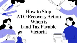 Illustration showing people reviewing documents around the title “How to Stop ATO Recovery Action and When Land Tax Is Payable in Victoria”