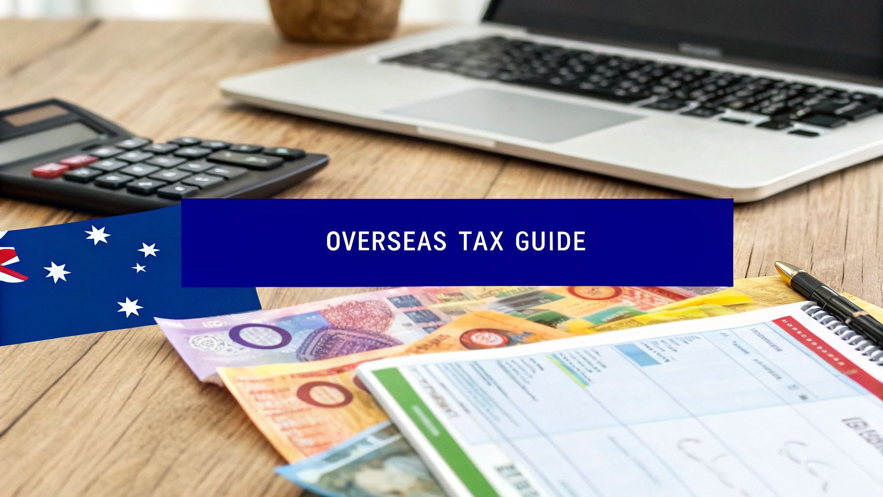 Australian overseas tax guide showing Australian flag, foreign currency, calculator and tax documents