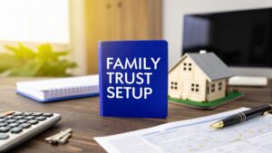 Family trust setup guide with calculator, house model and documents on desk