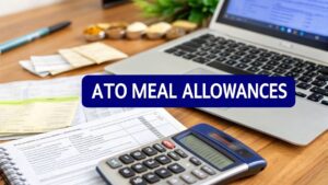 ATO meal allowances with calculator, laptop and tax documents on desk