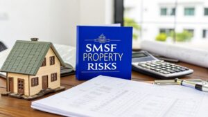SMSF property investment risks concept with model house, calculator, and financial documents
