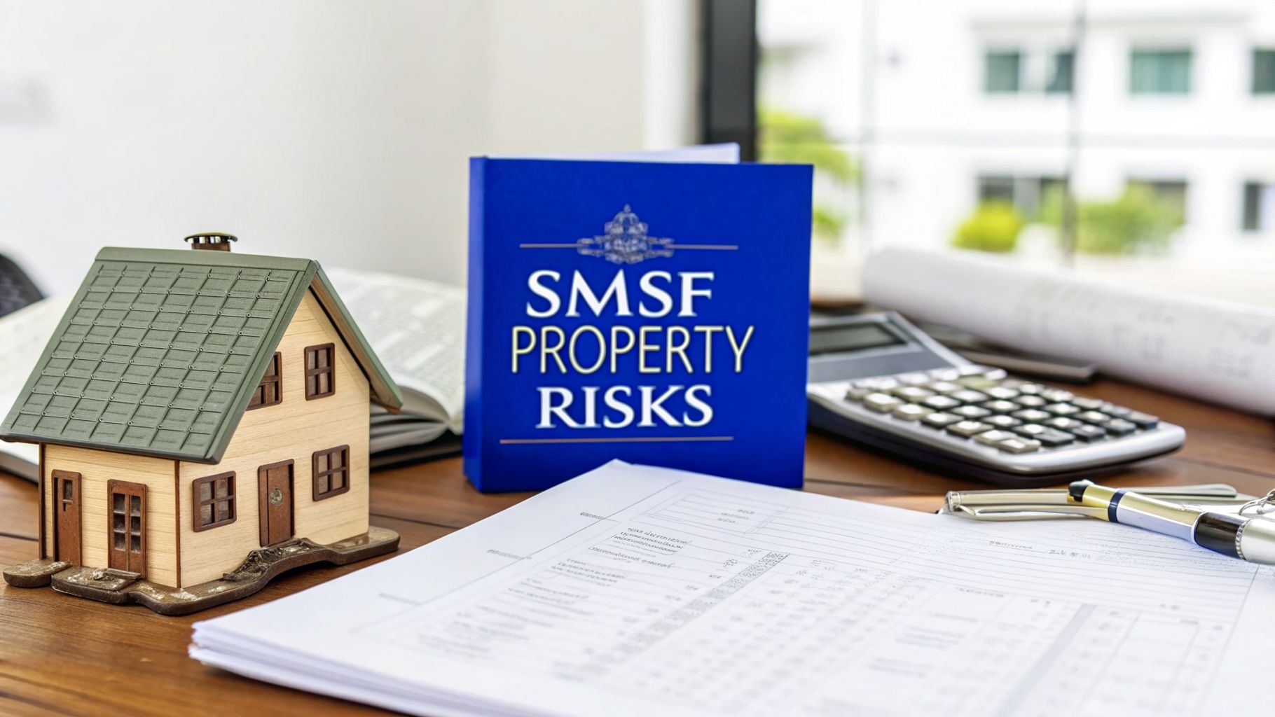 SMSF property investment risks concept with model house, calculator, and financial documents