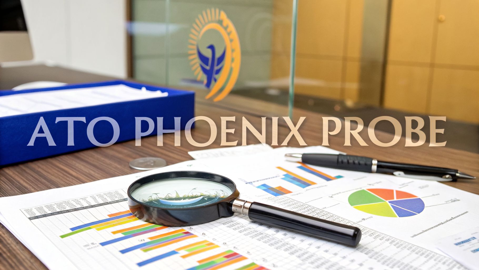 ATO phoenix investigation concept with financial documents, magnifying glass, and charts on desk