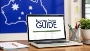Business name registration guide displayed on laptop with Australian map background