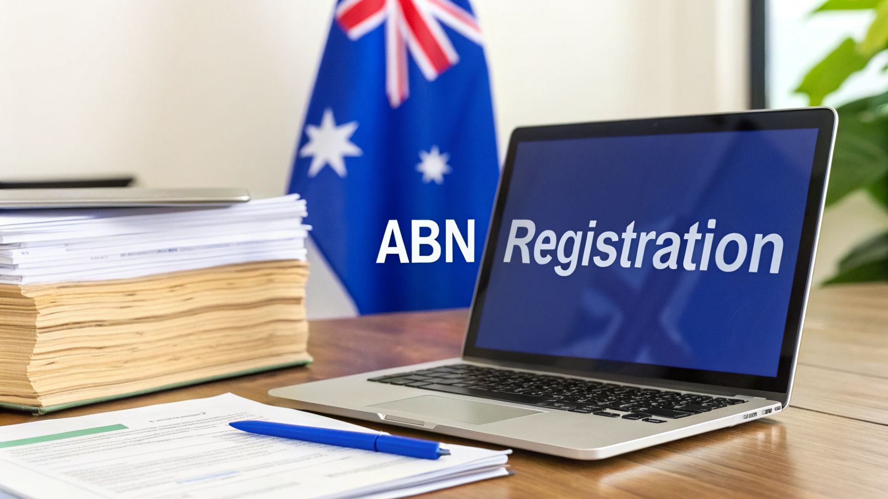 ABN registration in Australia shown on laptop with Australian flag and business paperwork.