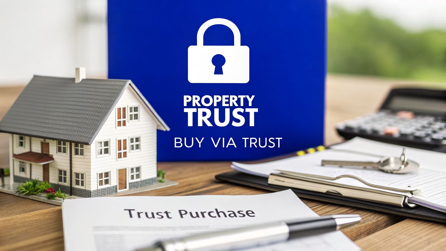 Property trust Australia concept showing house model and trust purchase documents